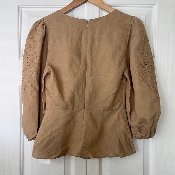 Parker Rosetta Linen Blend Eyelet Tan Ballon Sleeve Peplum Blouse, Size XS 🔴 - Picture 3 of 4